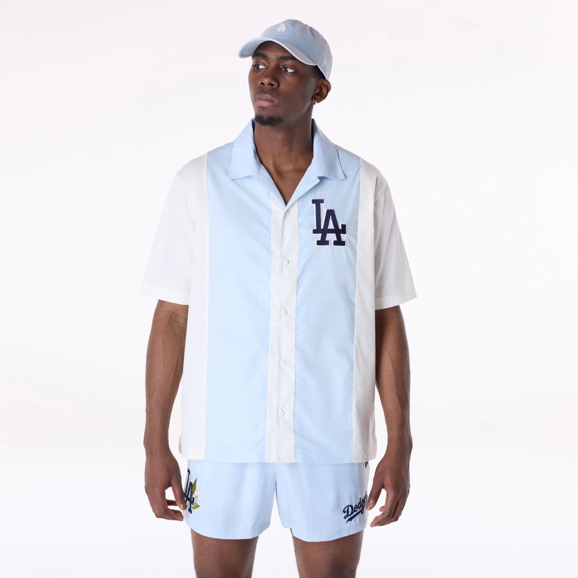 The Male model is wearing LA Dodgers Stripe Revere Open White Short Sleeve Shirt 1