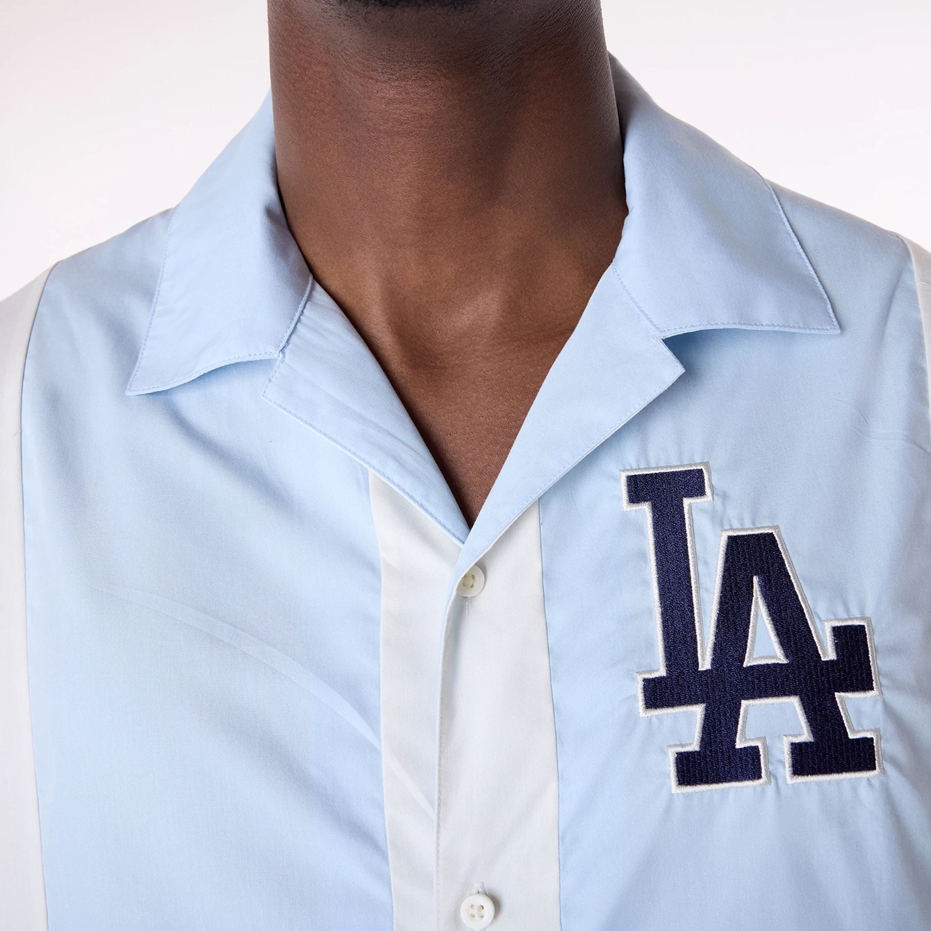 The Male model is wearing LA Dodgers Stripe Revere Open White Short Sleeve Shirt 3