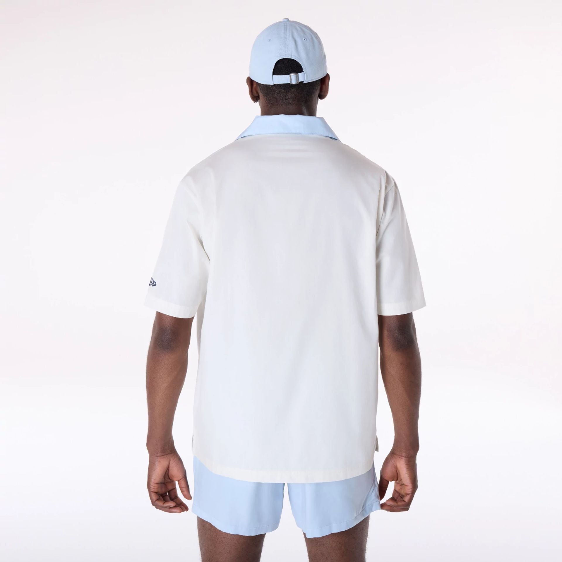 The Male model is wearing LA Dodgers Stripe Revere Open White Short Sleeve Shirt 2