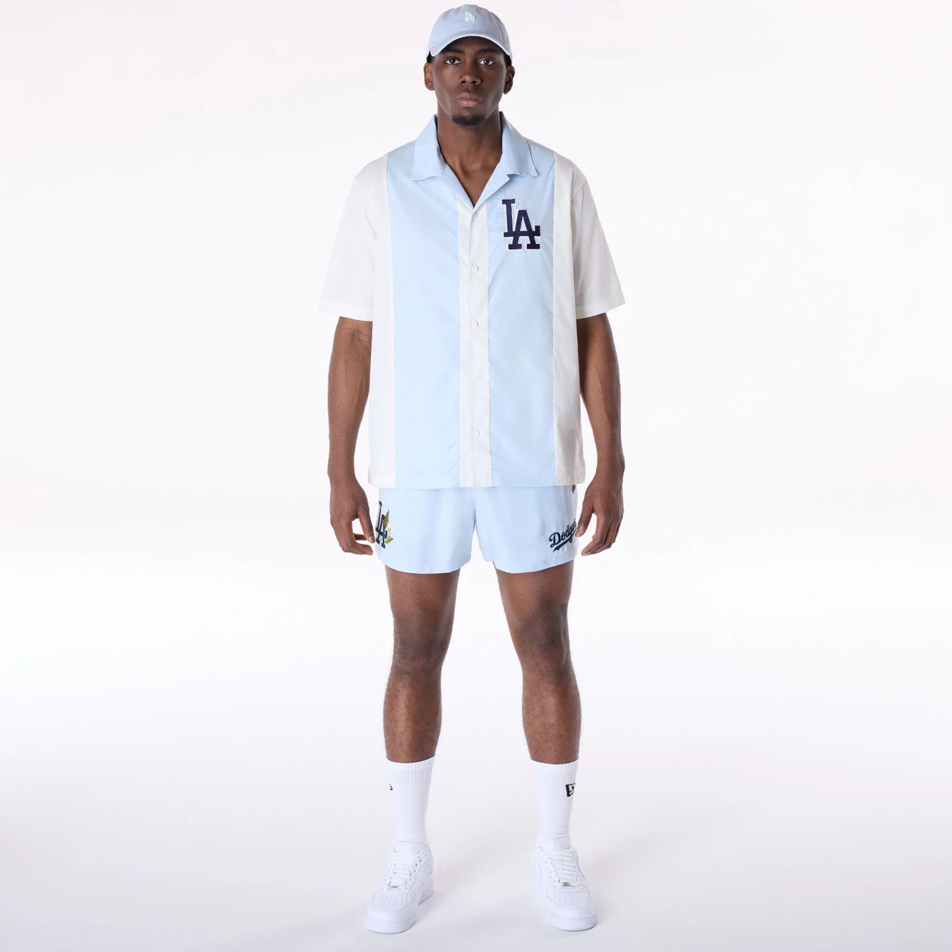 The Male model is wearing LA Dodgers Stripe Revere Open White Short Sleeve Shirt 5