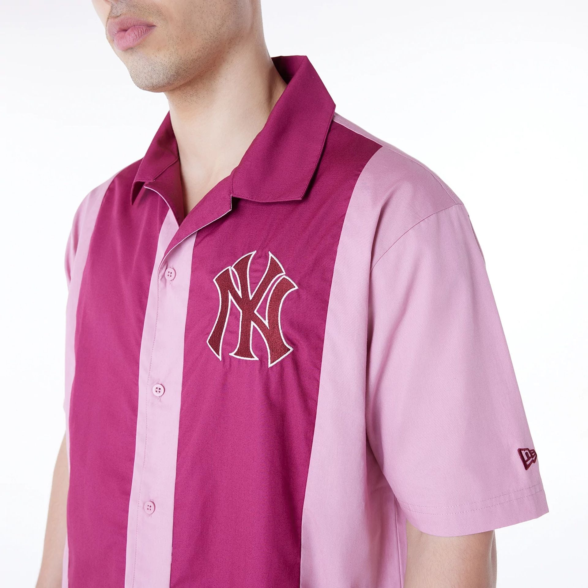 The Male model is wearing New York Yankees Stripe Revere Dark Pink Short Sleeve Shirt 8