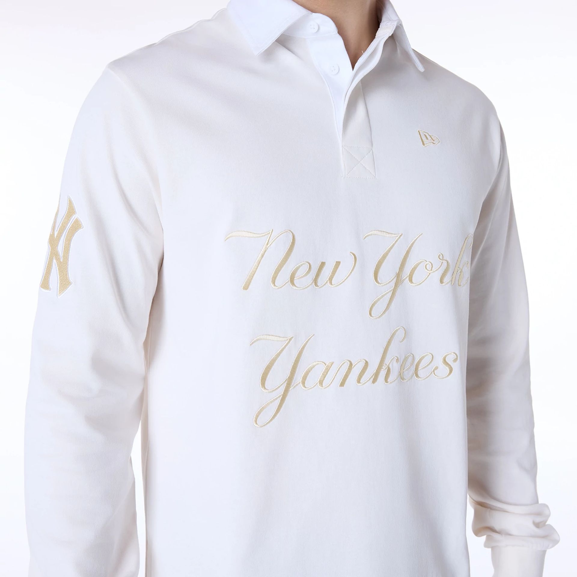 The Male model is wearing New York Yankees MLB Script Open White Long Sleeve Polo 5