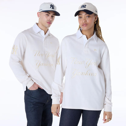 The Male model is wearing New York Yankees MLB Script Open White Long Sleeve Polo 1