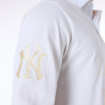 The Male model is wearing New York Yankees MLB Script Open White Long Sleeve Polo 6