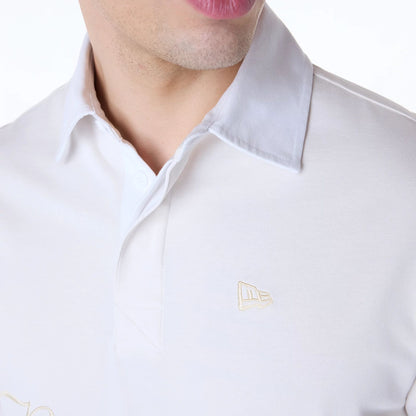 The Male model is wearing New York Yankees MLB Script Open White Long Sleeve Polo 7