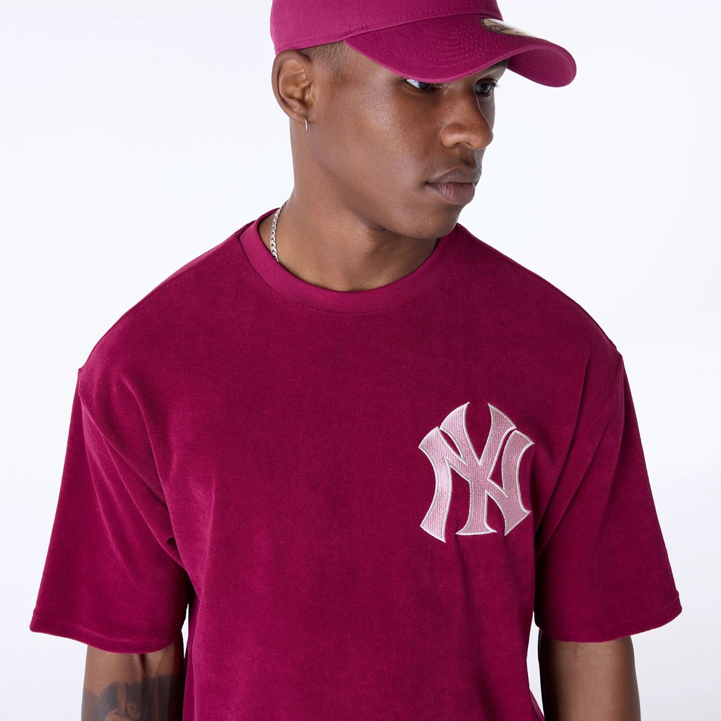 The Male model is wearing New York Yankees MLB Towelling Dark Red T-Shirt 3