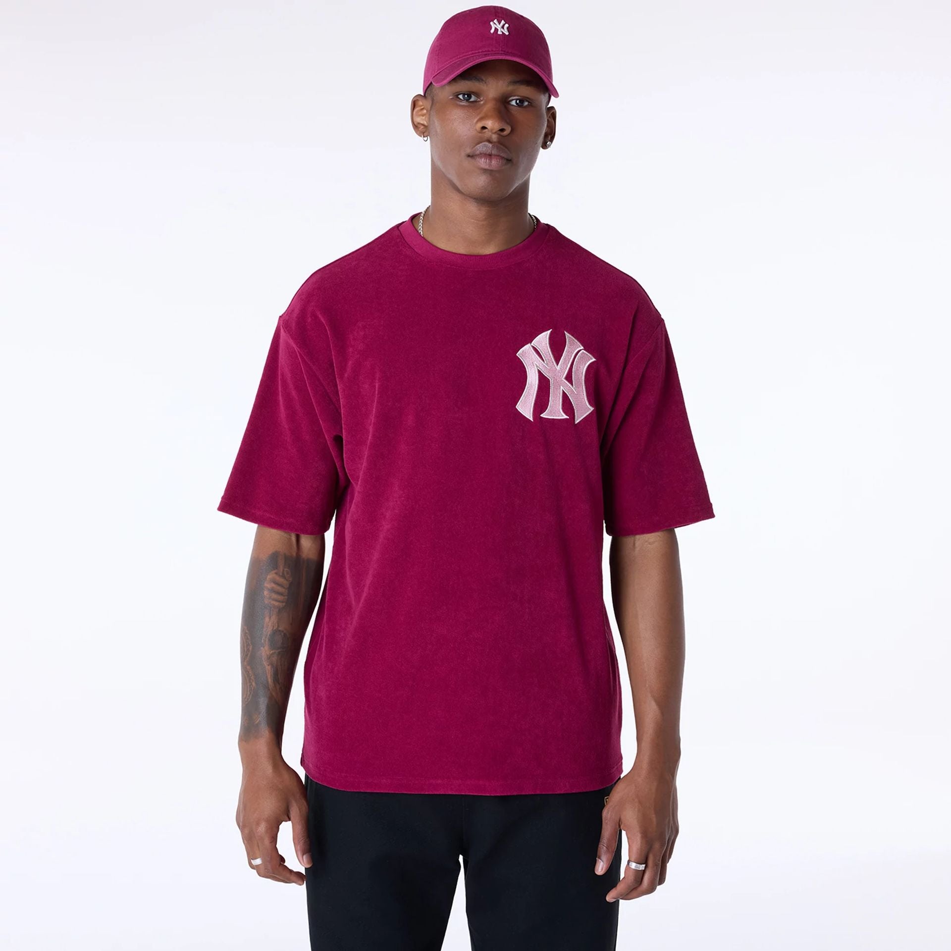 The Male model is wearing New York Yankees MLB Towelling Dark Red T-Shirt 1