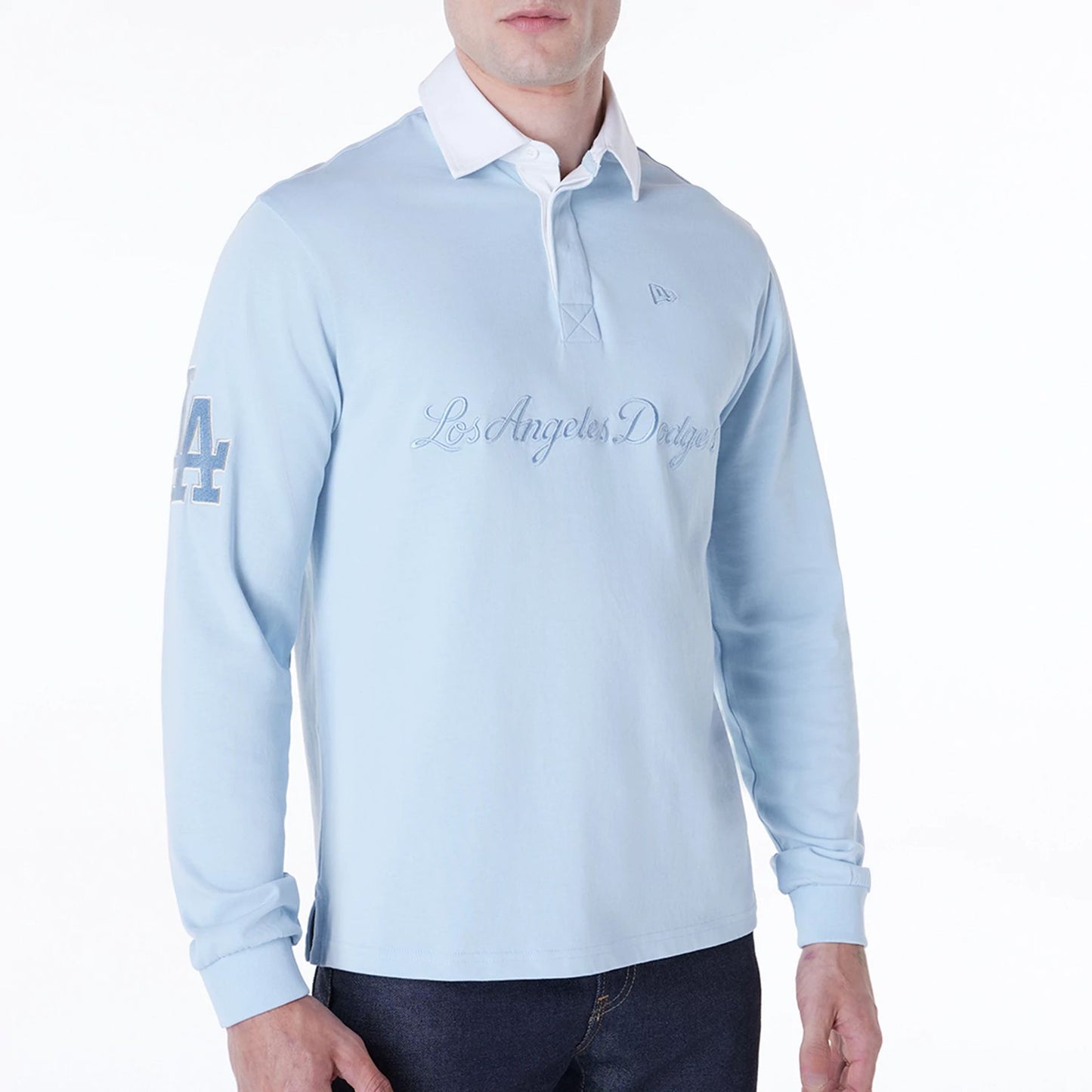 The Male model is wearing LA Dodgers MLB Script Pastel Blue Long Sleeve Polo 4