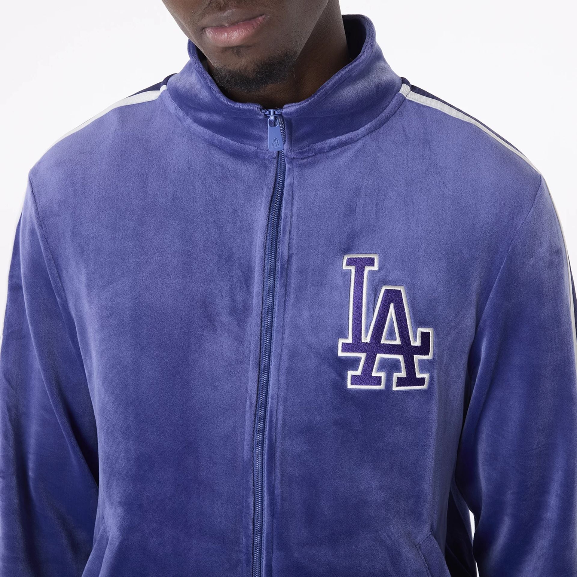 The Male model is wearing LA Dodgers MLB Velour Dark Blue Track Jacket 4