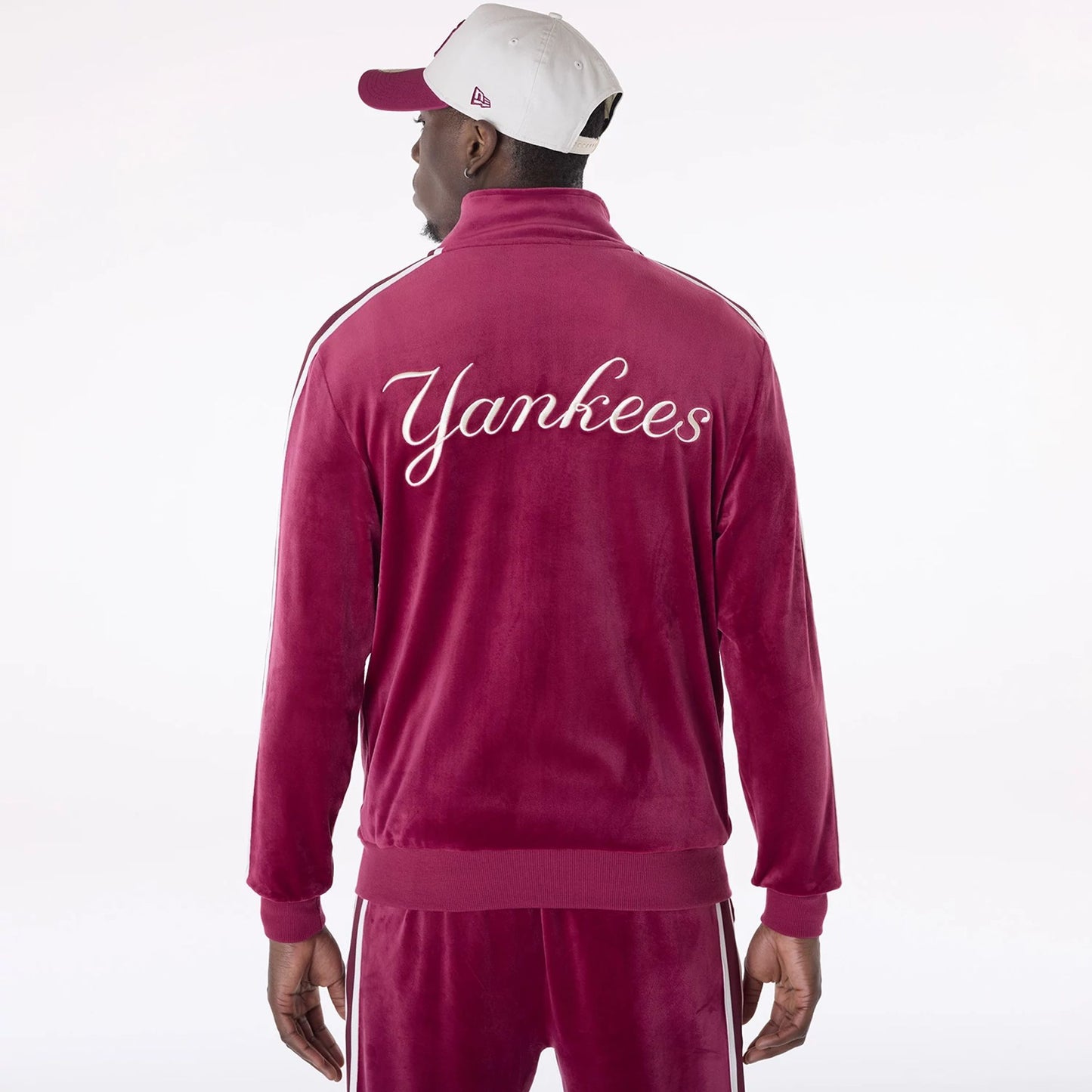 The Male model is wearing New York Yankees MLB Velour Dark Red Track Jacket 2