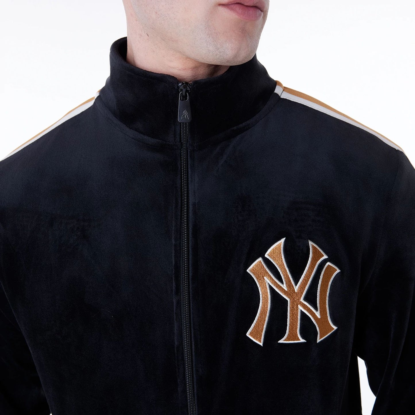 The Male model is wearing New York Yankees MLB Velour Black Track Jacket 8