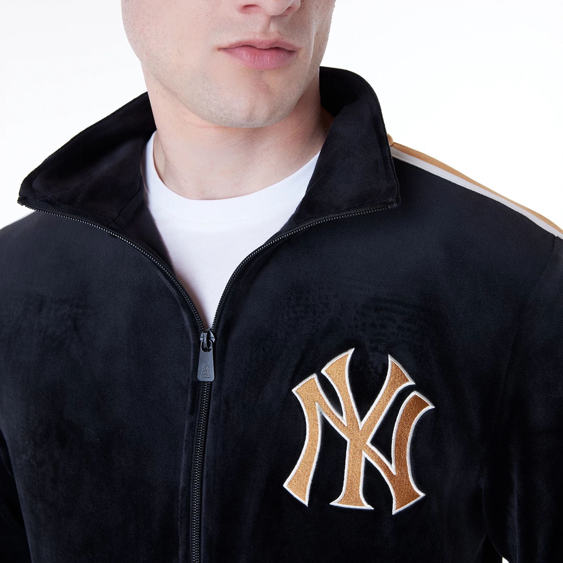 The Male model is wearing New York Yankees MLB Velour Black Track Jacket 7