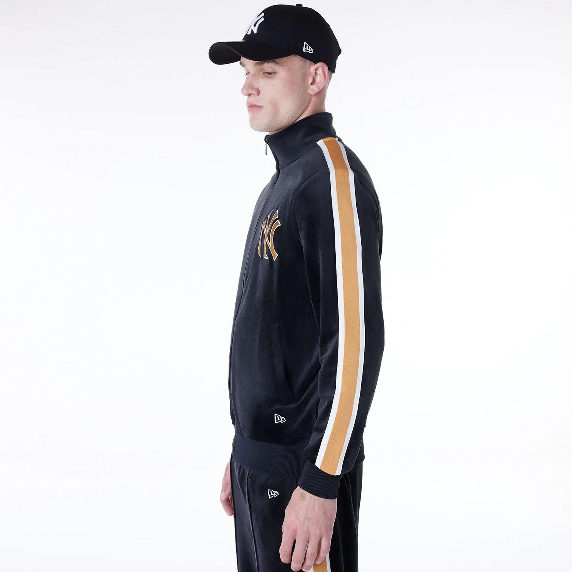 The Male model is wearing New York Yankees MLB Velour Black Track Jacket 5