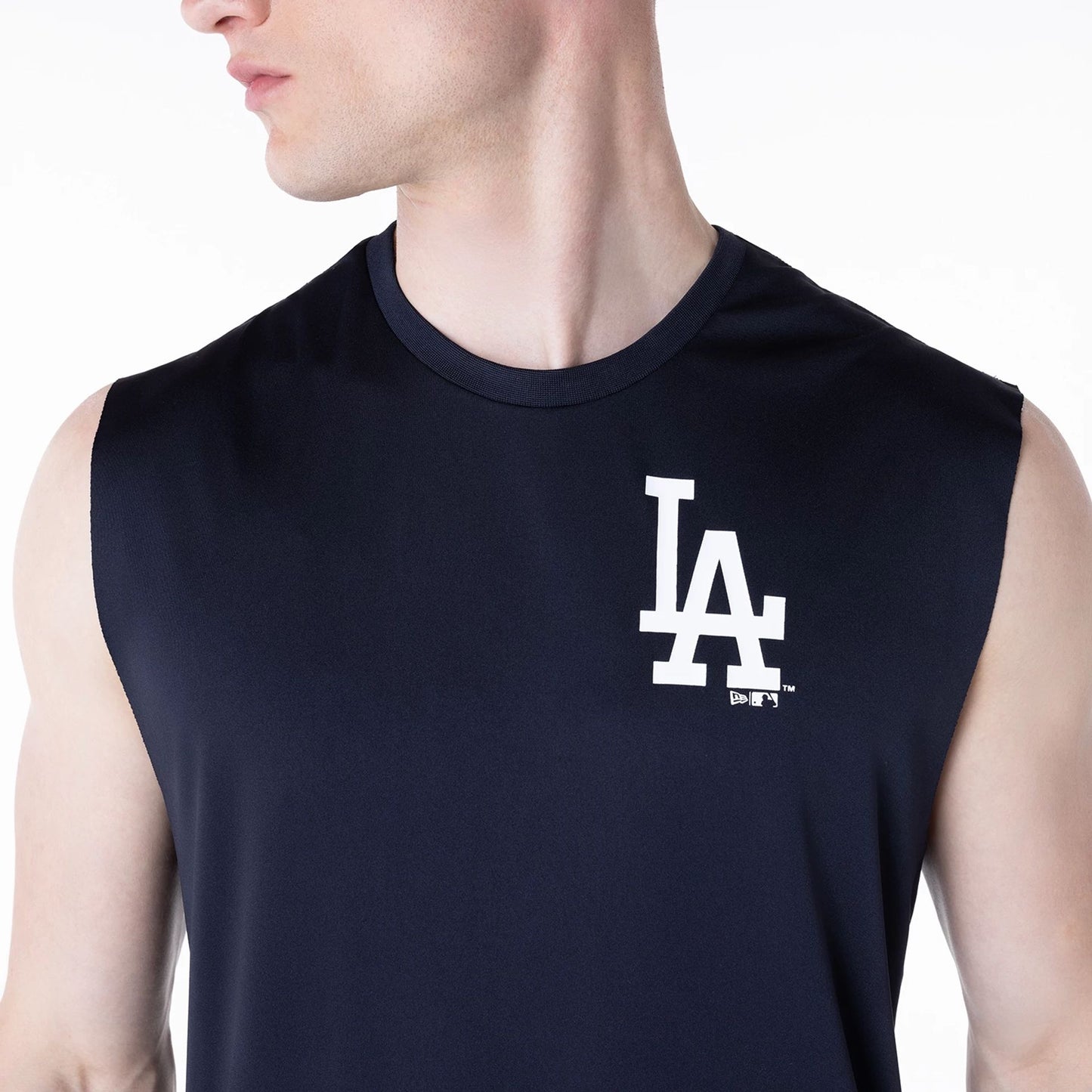 The Male model is wearing LA Dodgers MLB Navy Sleeveless Vest 5