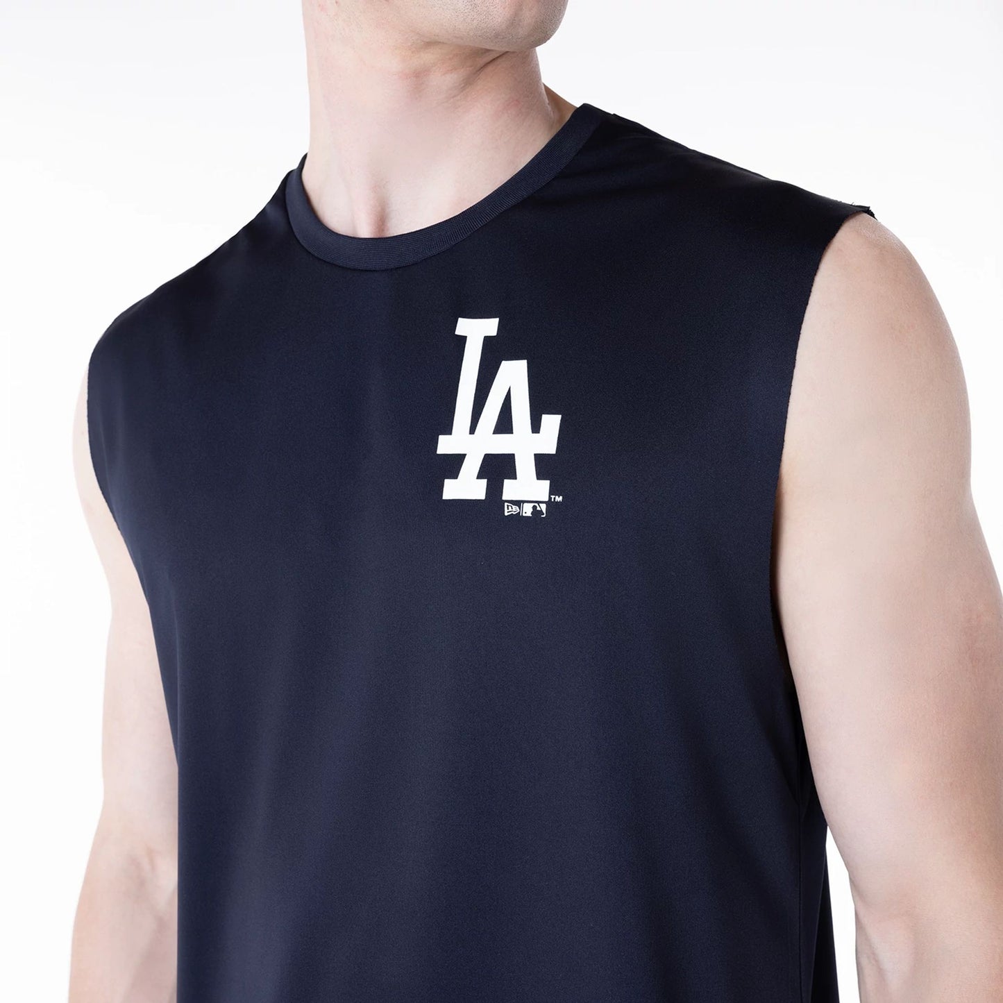 The Male model is wearing LA Dodgers MLB Navy Sleeveless Vest 3