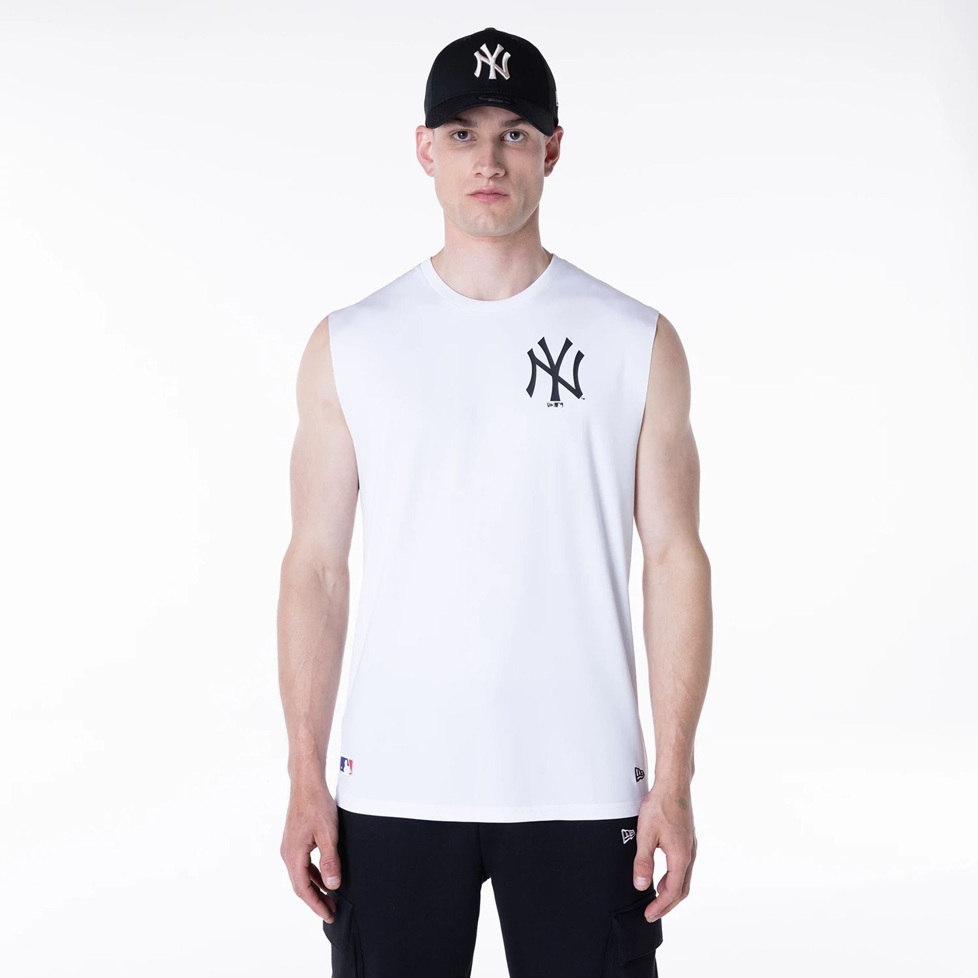 The Male model is wearing New York Yankees MLB White Sleeveless Vest 1