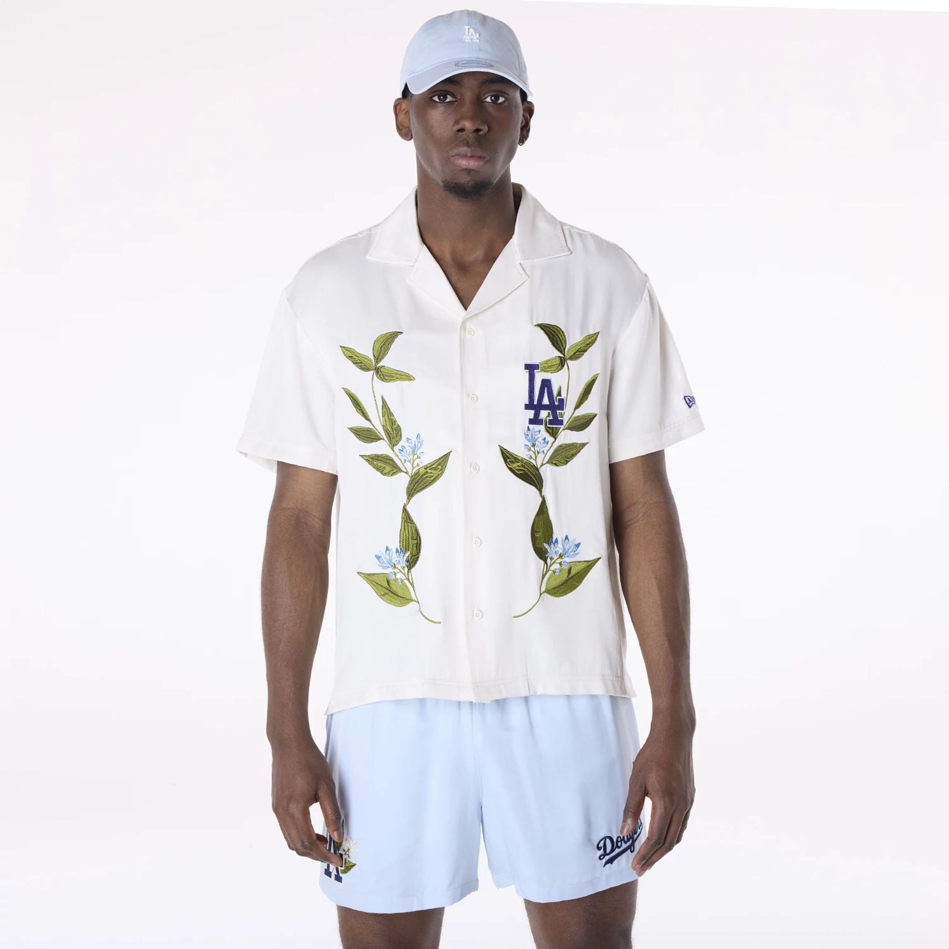 The Male model is wearing LA Dodgers Floral Revere Open White Short Sleeve Shirt 1