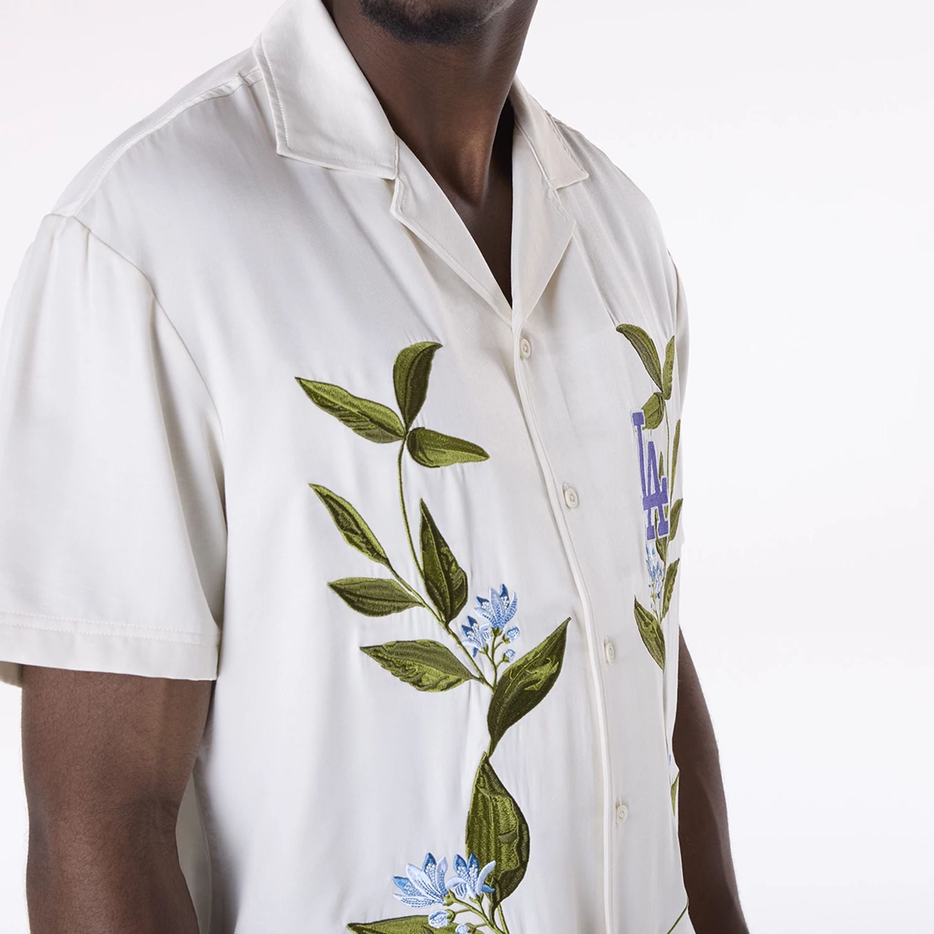 The Male model is wearing LA Dodgers Floral Revere Open White Short Sleeve Shirt 6