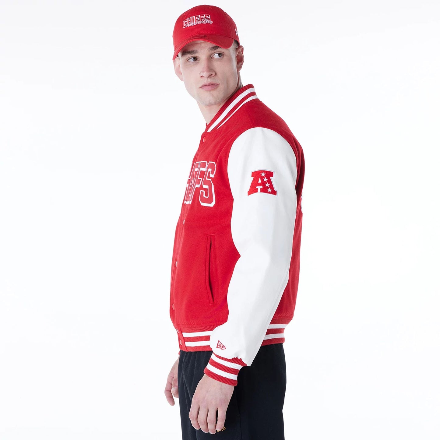 The Male model is wearing Kansas City Chiefs NFL Red Varsity Jacket 8