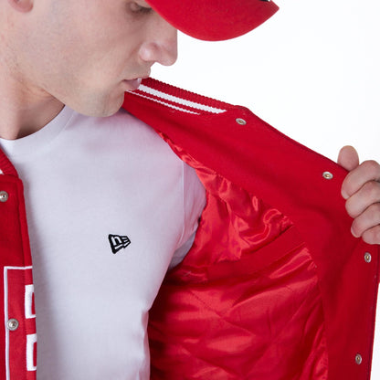 The Male model is wearing Kansas City Chiefs NFL Red Varsity Jacket 6