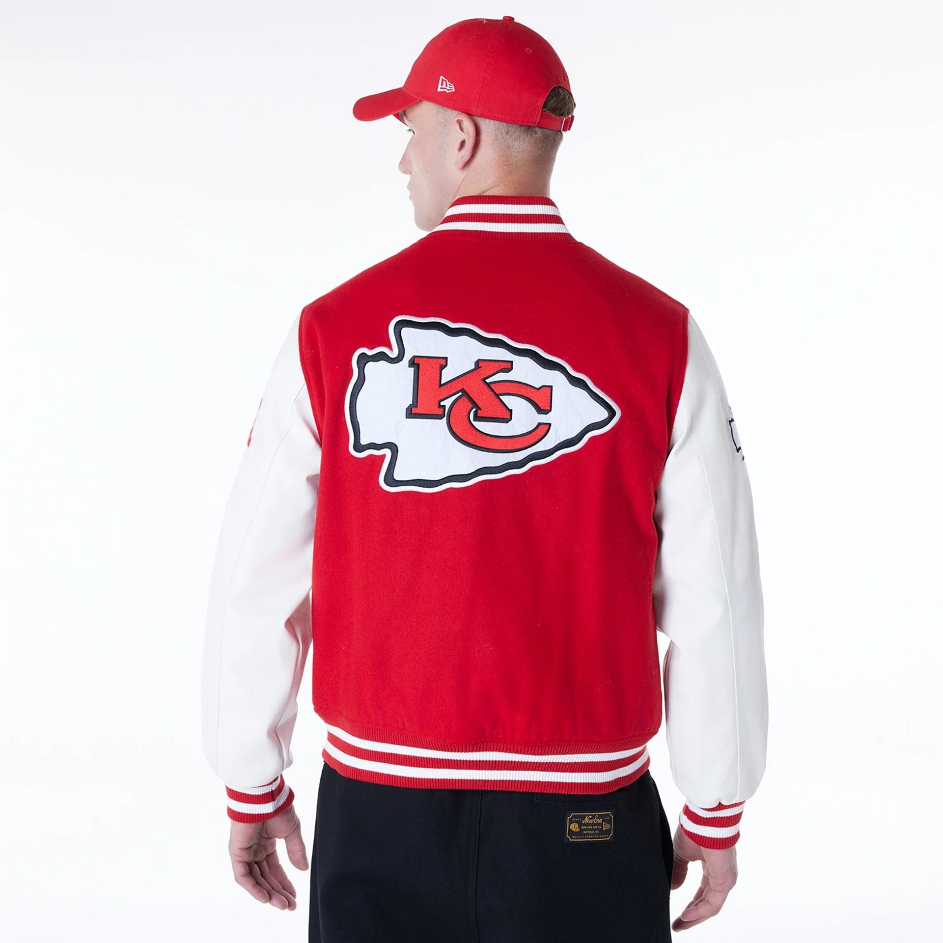 The Male model is wearing Kansas City Chiefs NFL Red Varsity Jacket 2