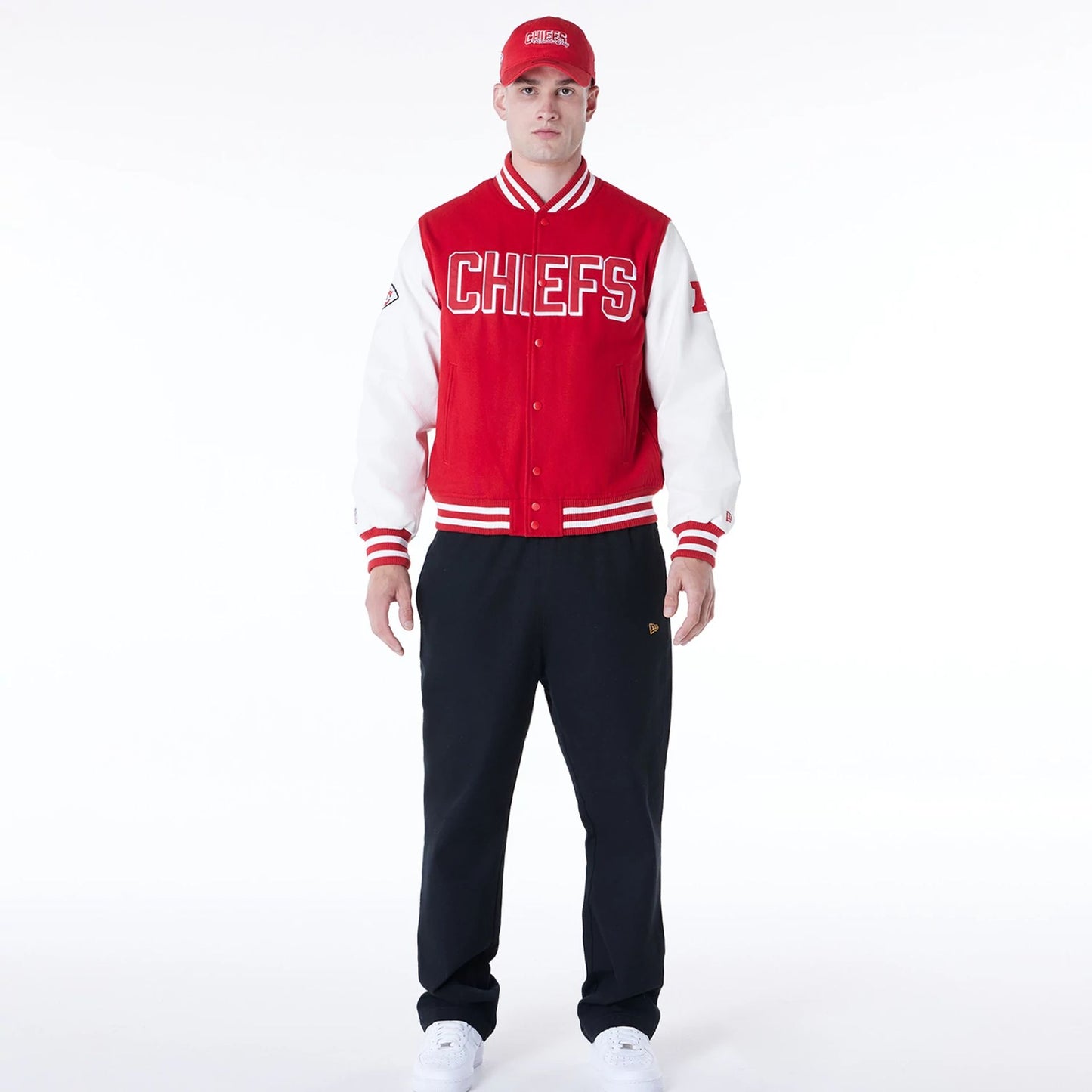 The Male model is wearing Kansas City Chiefs NFL Red Varsity Jacket 3