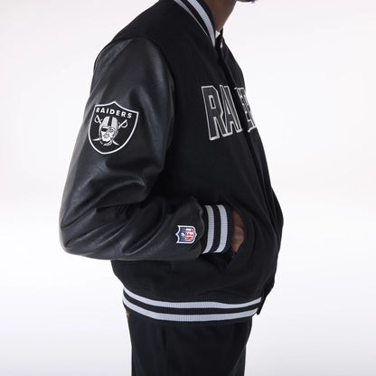 The Male model is wearing Las Vegas Raiders NFL Black Varsity Jacket 3