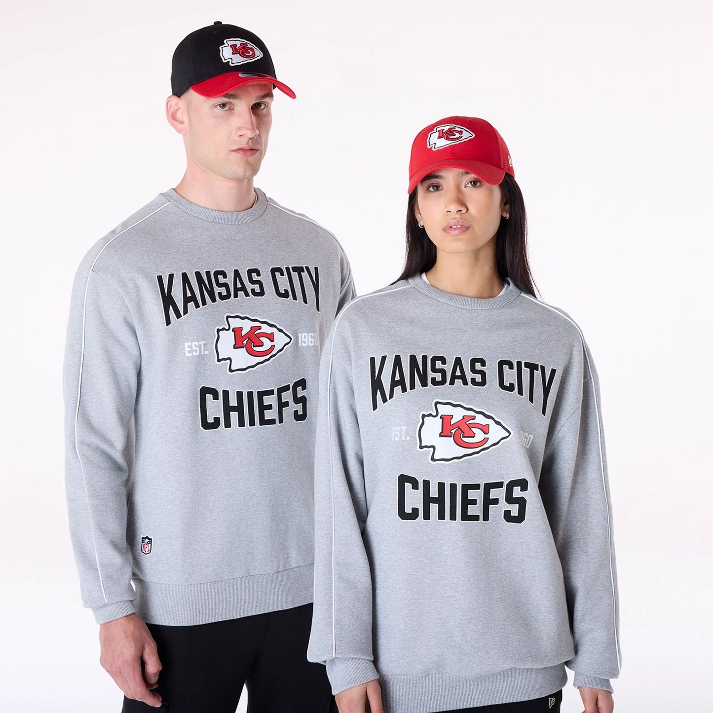 The Male model is wearing Kansas City Chiefs NFL Graphic Grey Crew Neck Sweater 1