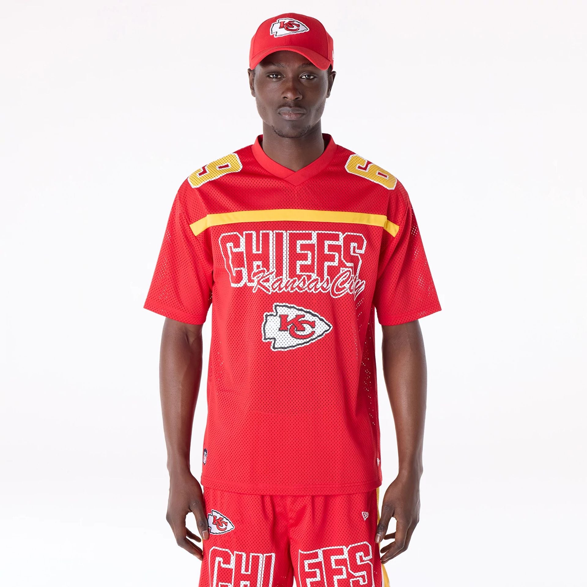 The Male model is wearing Kansas City Chiefs NFL Mesh Red T-Shirt 1