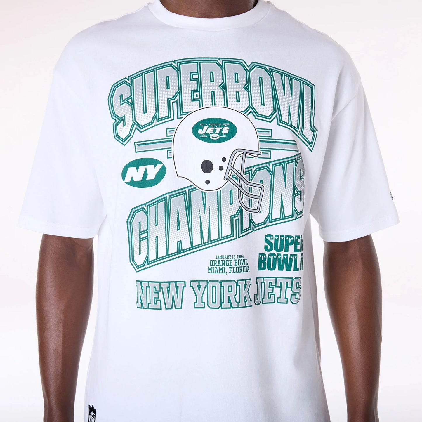 The Male model is wearing New York Jets NFL Helmet White T-Shirt 7