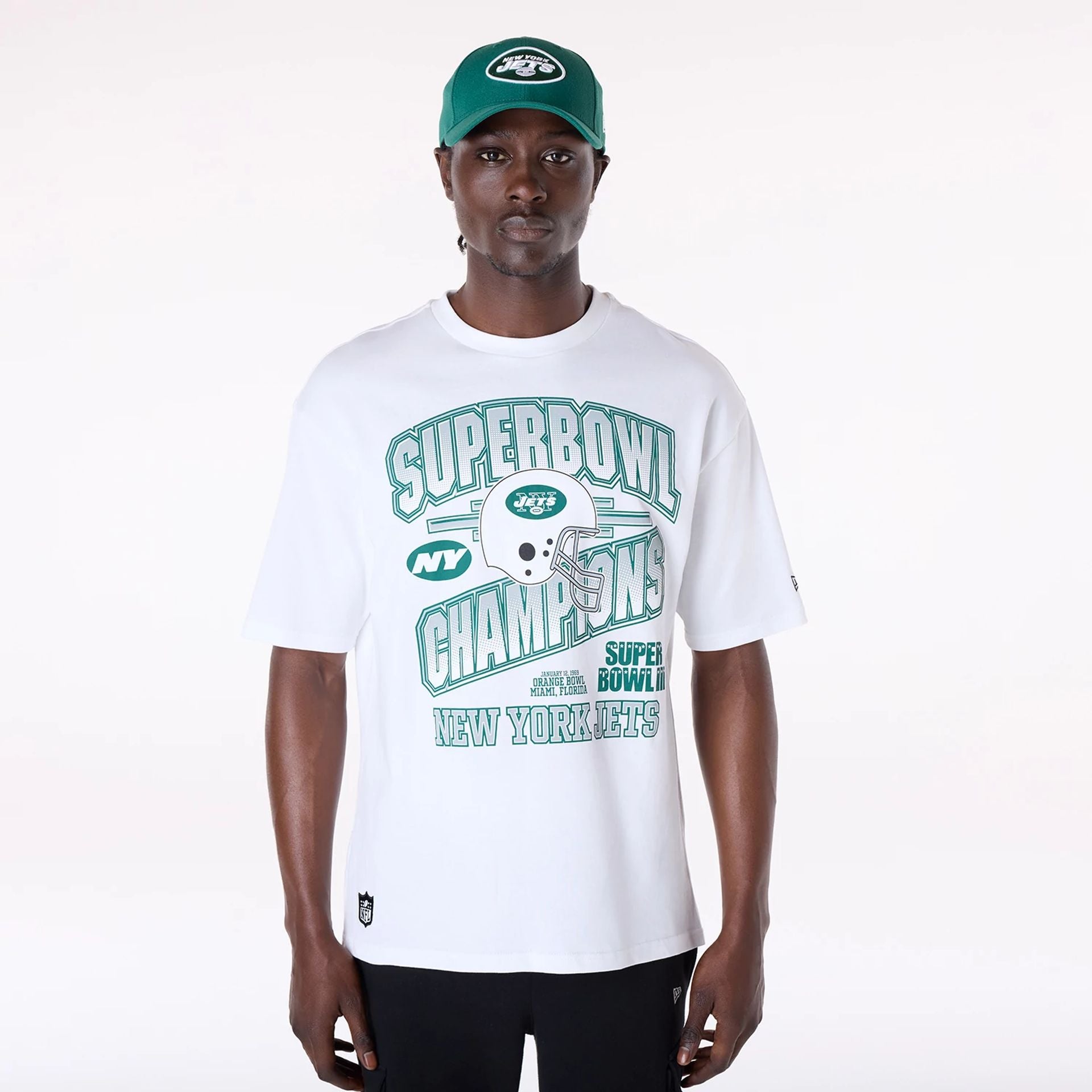 The Male model is wearing New York Jets NFL Helmet White T-Shirt 1