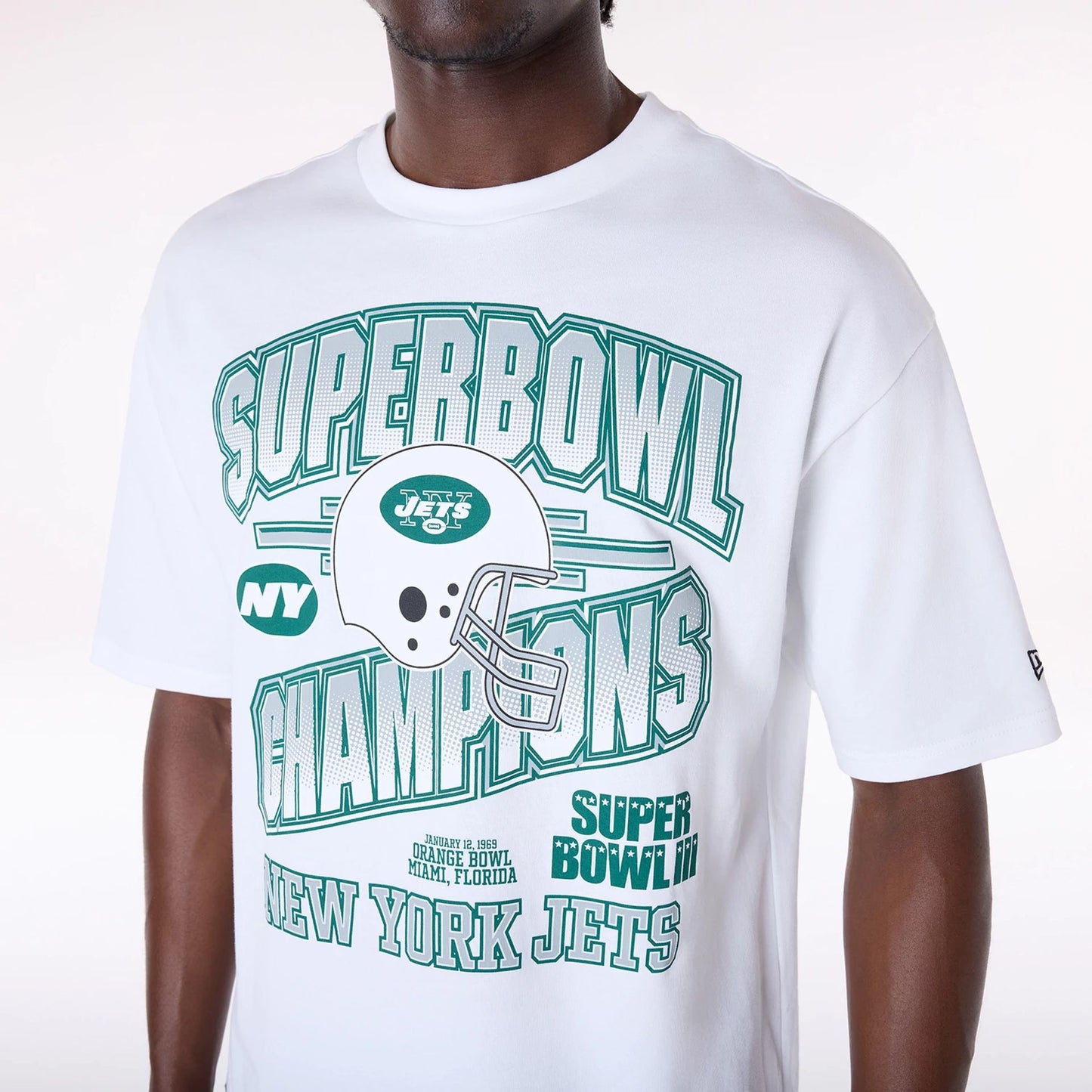 The Male model is wearing New York Jets NFL Helmet White T-Shirt 3