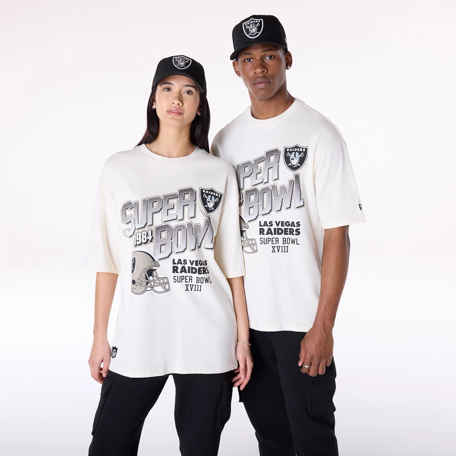 The Male model is wearing Las Vegas Raiders NFL Helmet Open White T-Shirt 1