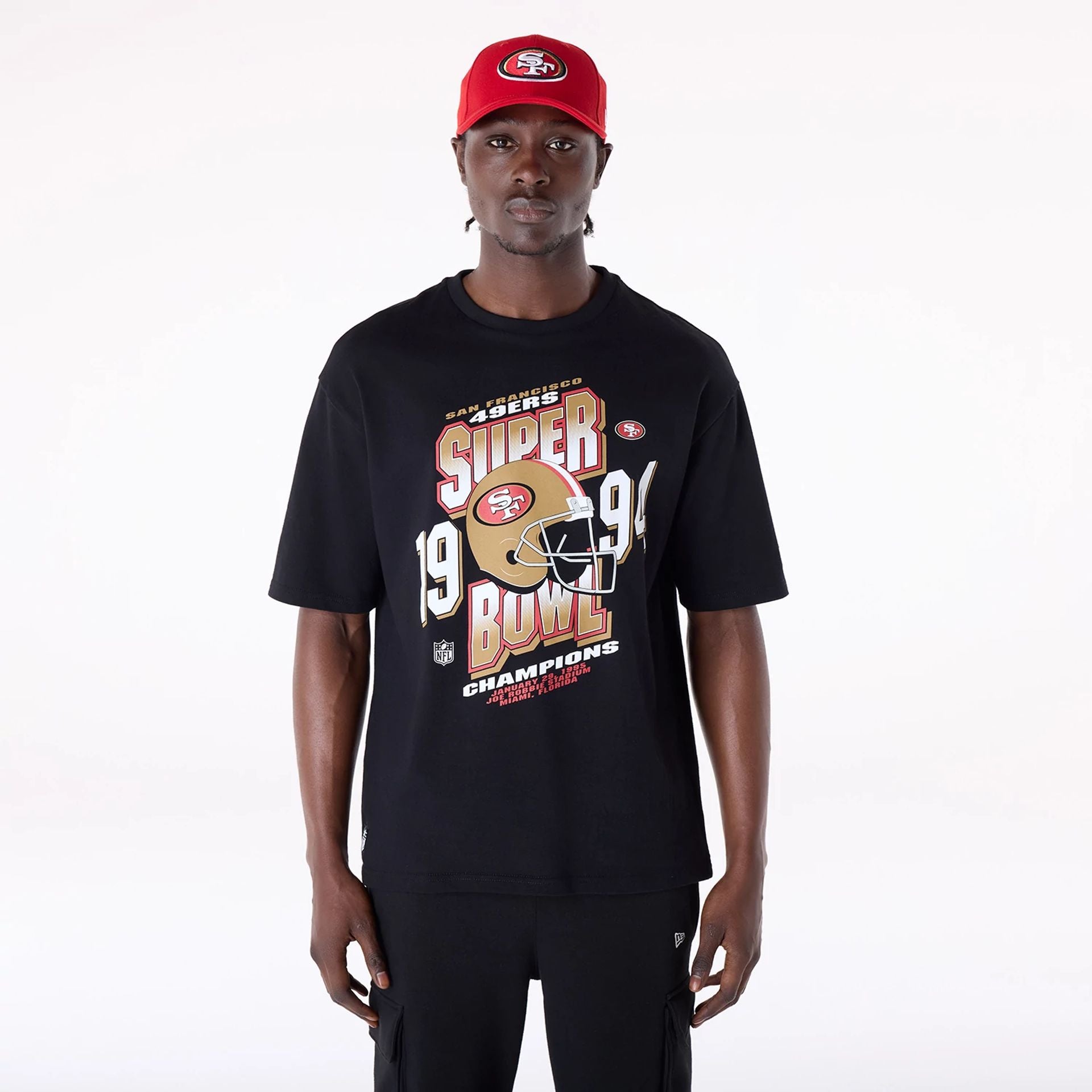 The Male model is wearing San Francisco 49ers NFL Helmet Black T-Shirt 1