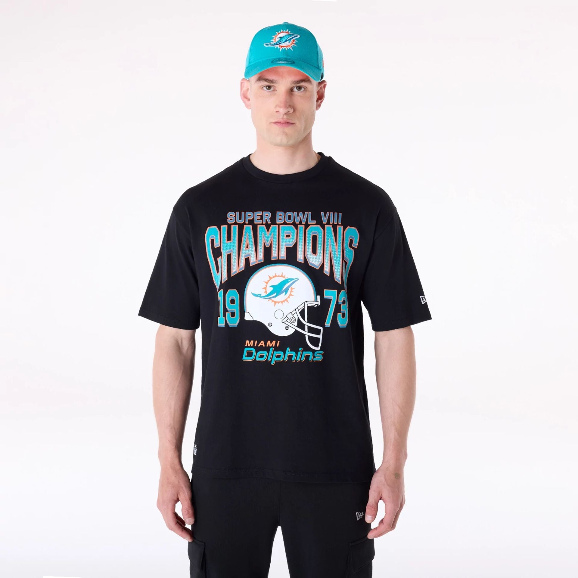 The Male model is wearing Miami Dolphins NFL Helmet Black T-Shirt 1