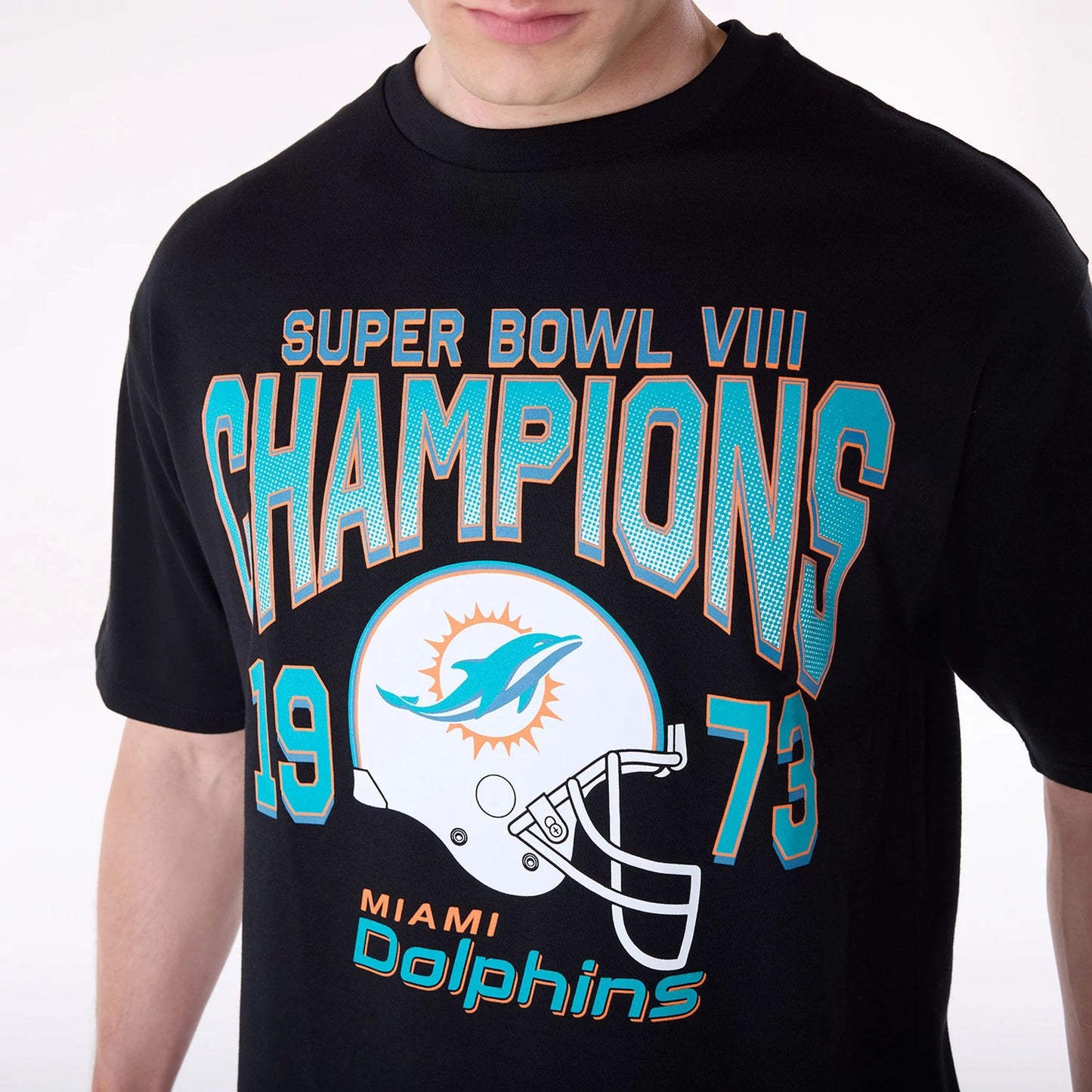 The Male model is wearing Miami Dolphins NFL Helmet Black T-Shirt 5