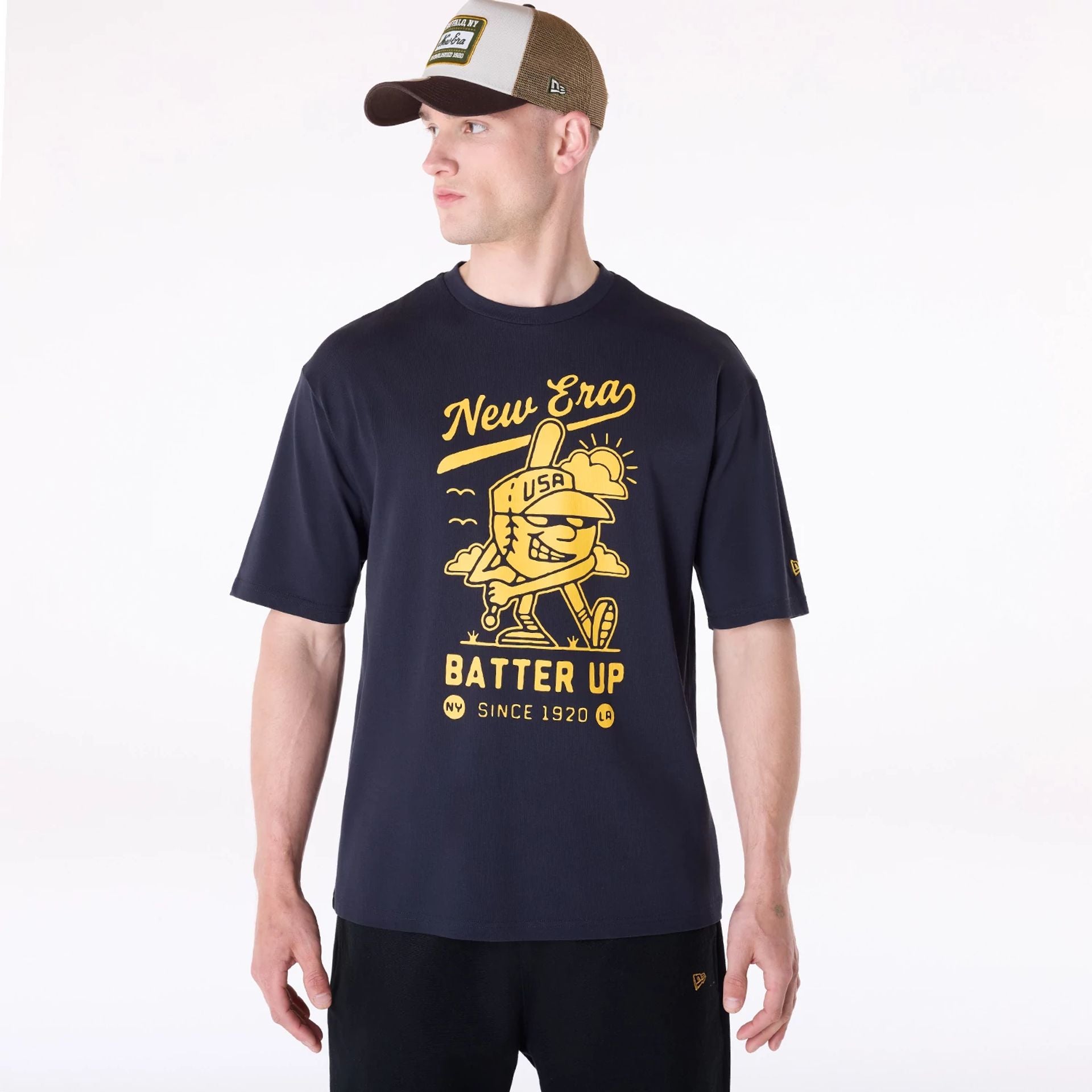 The Male model is wearing New Era Baseball Graphic Navy T-Shirt 1