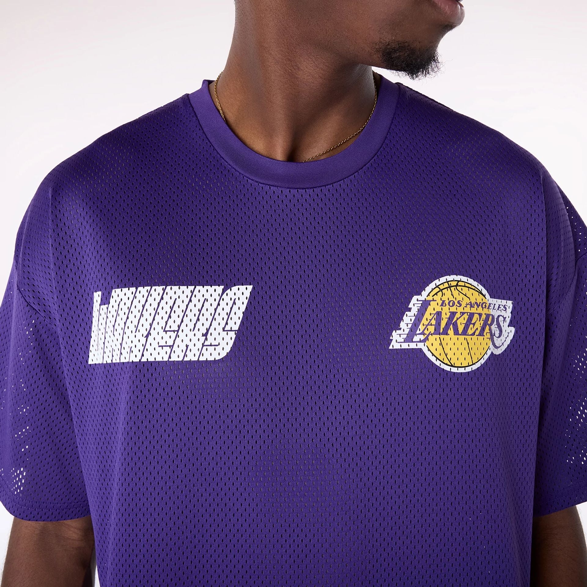 The Male model is wearing LA Lakers NBA Graphic Purple Mesh T-Shirt 8