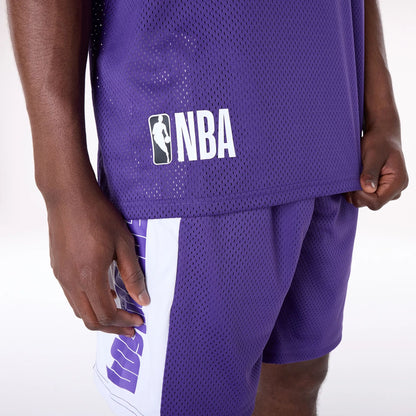 The Male model is wearing LA Lakers NBA Graphic Purple Mesh T-Shirt 4