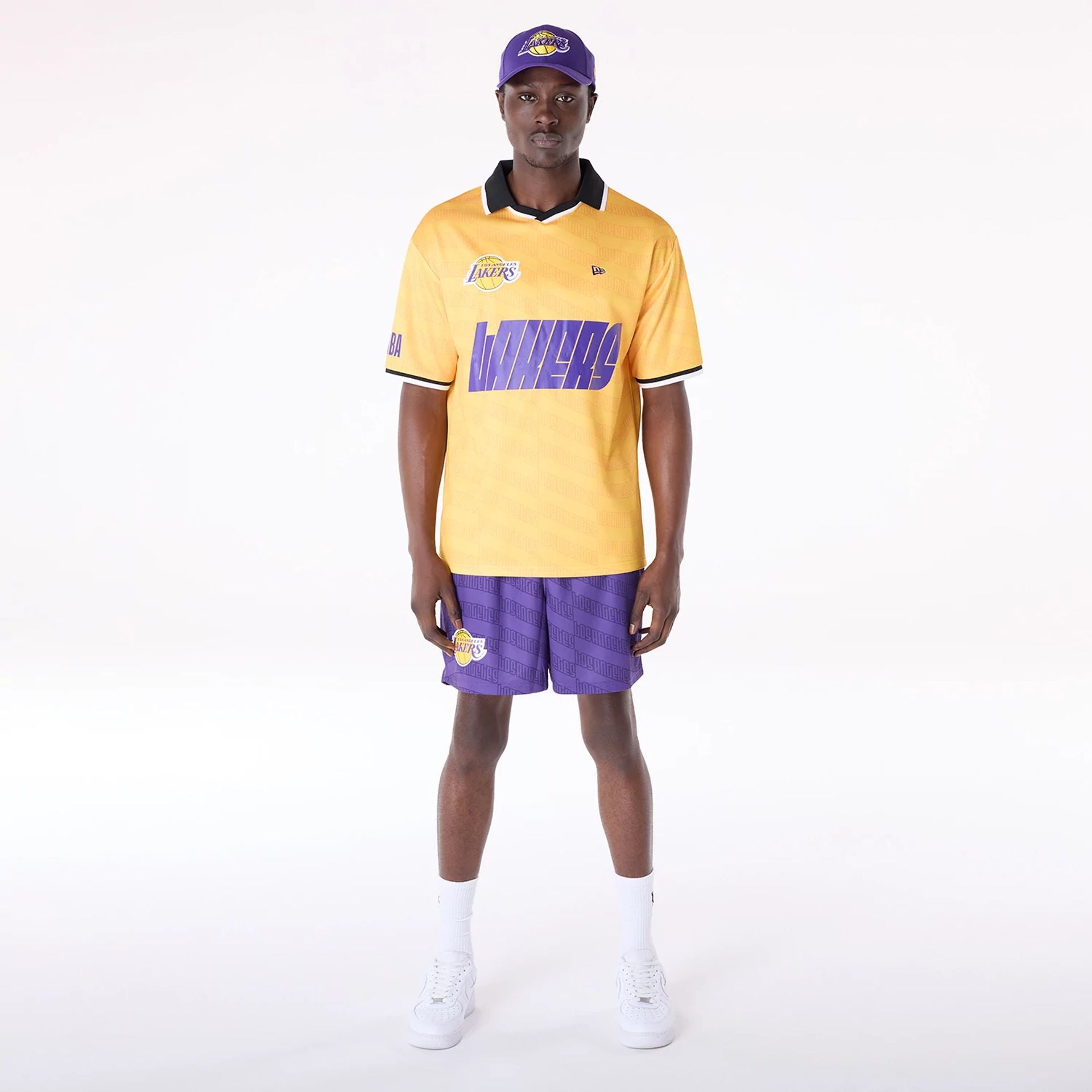 The Male model is wearing LA Lakers NBA Soccer Yellow Oversized T-Shirt 3