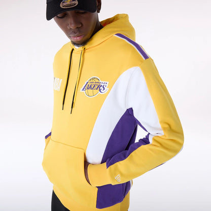 The Male model is wearing LA Lakers NBA Graphic Yellow Oversized Pullover Hoodie 6