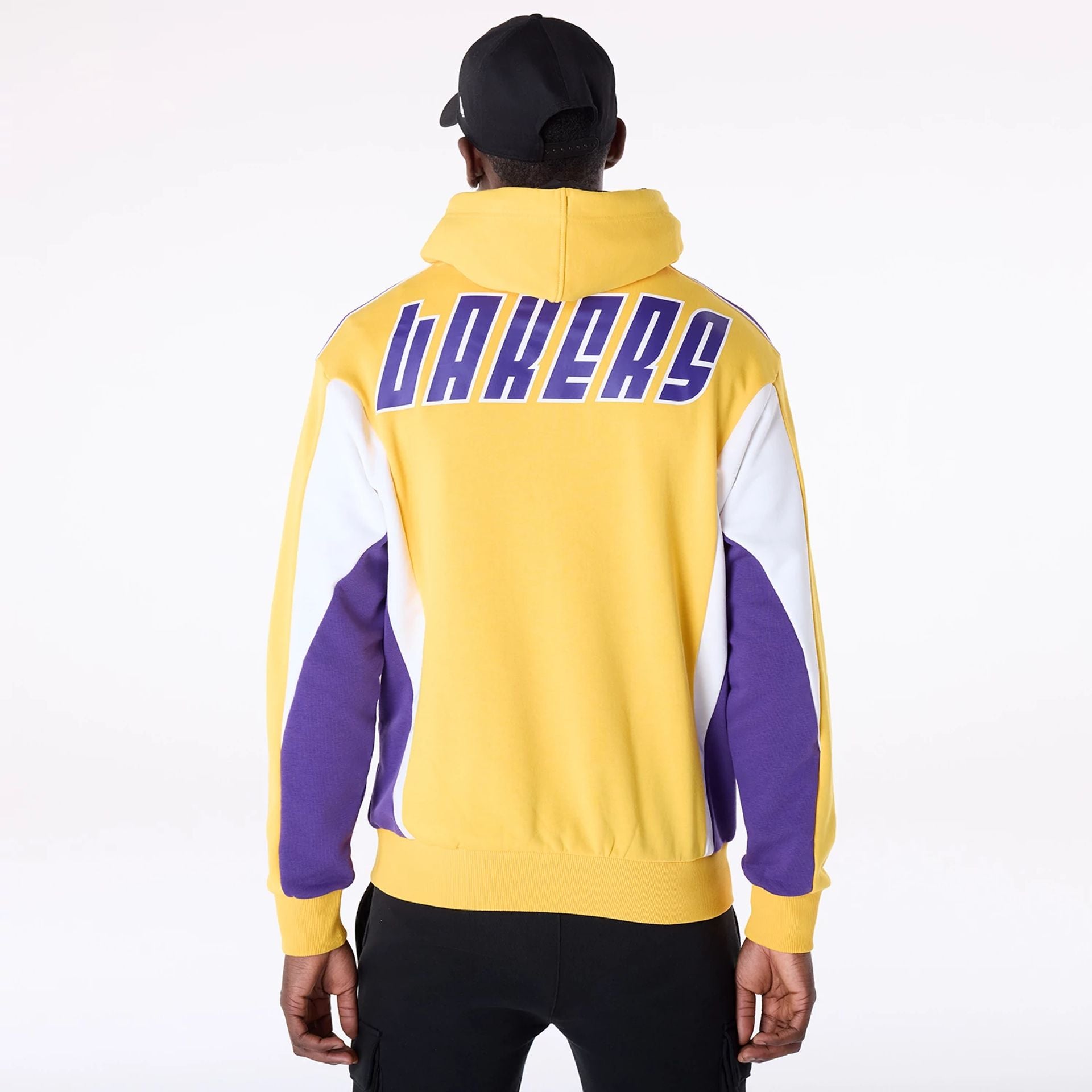 The Male model is wearing LA Lakers NBA Graphic Yellow Oversized Pullover Hoodie 2