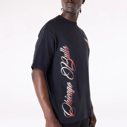 The Male model is wearing Chicago Bulls NBA Font Graphic Black T-Shirt 7