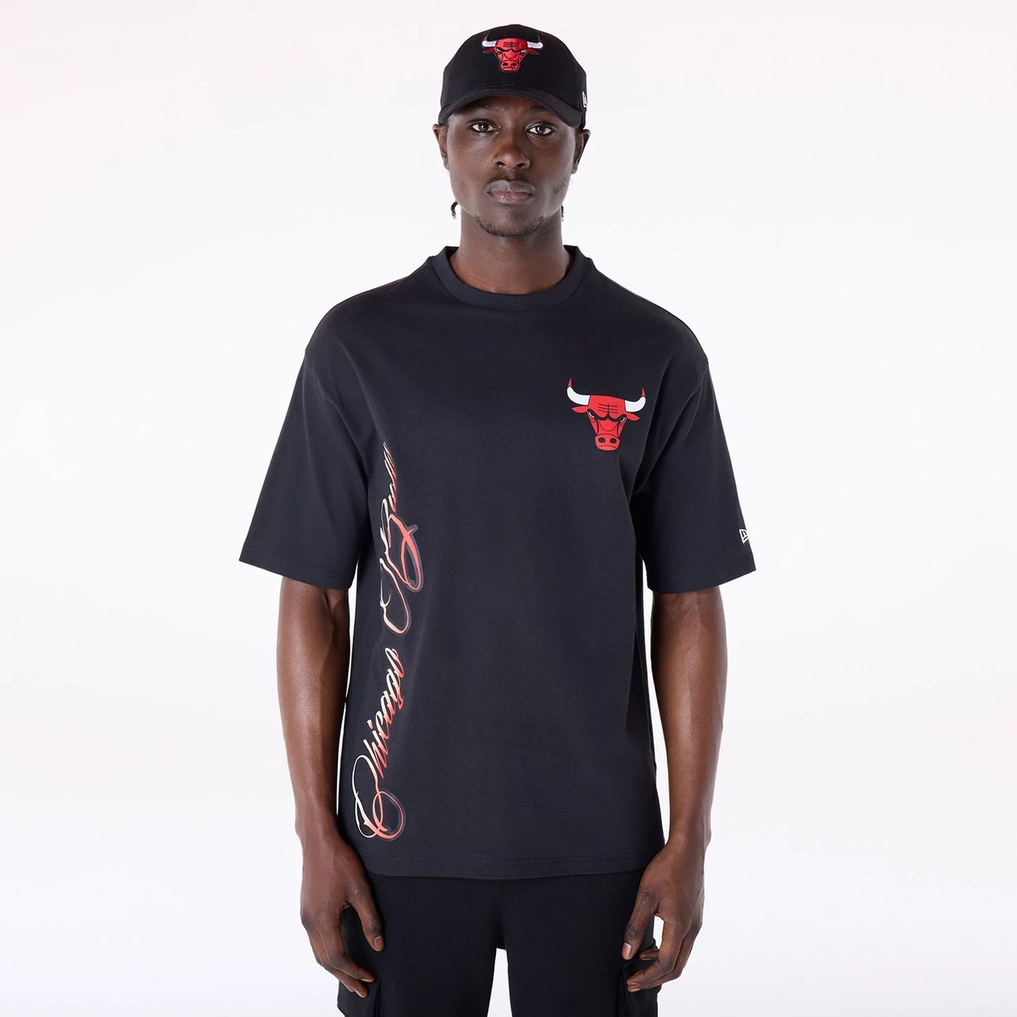 The Male model is wearing Chicago Bulls NBA Font Graphic Black T-Shirt 1