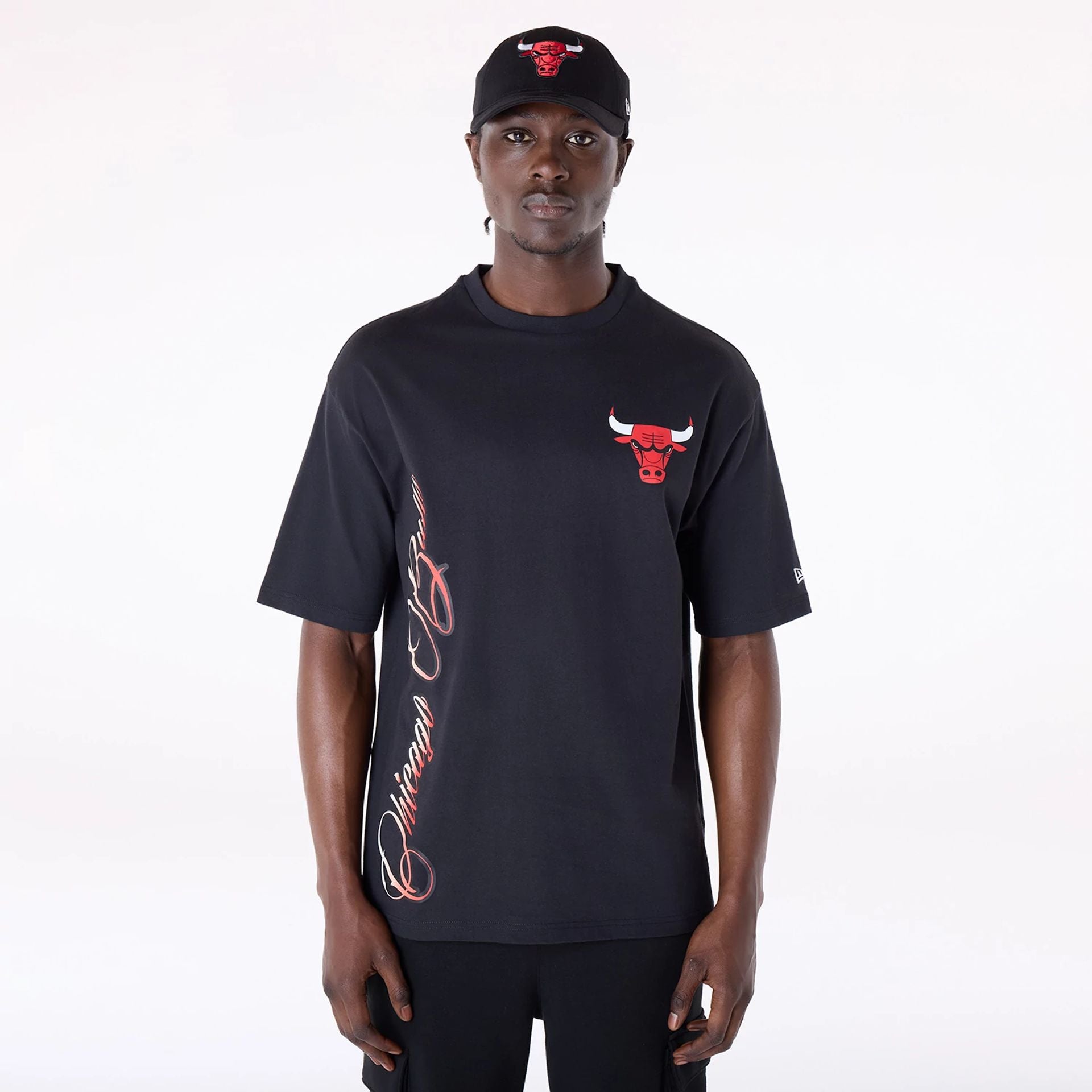 The Male model is wearing Chicago Bulls NBA Font Graphic Black T-Shirt 1