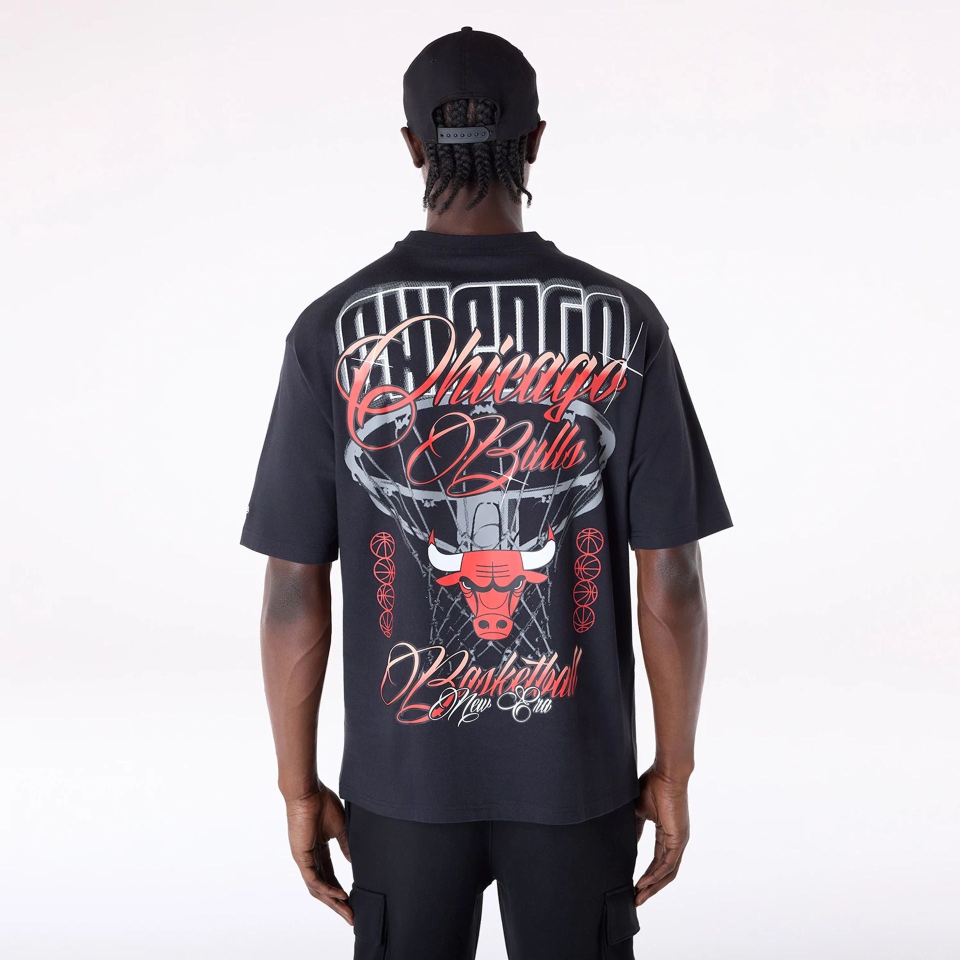 The Male model is wearing Chicago Bulls NBA Font Graphic Black T-Shirt 2