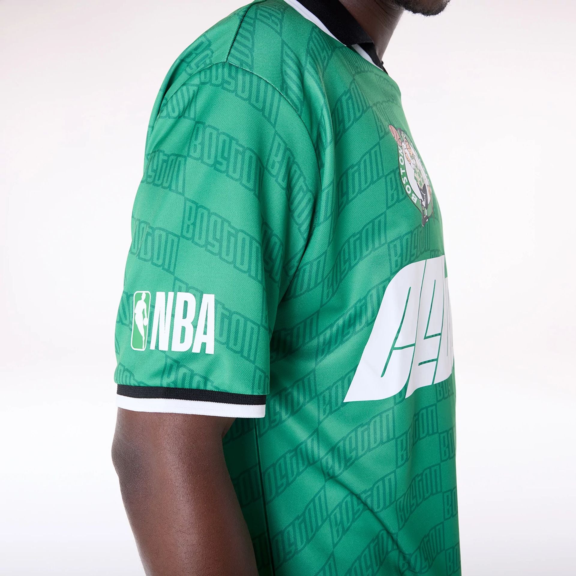 The Male model is wearing Boston Celtics NBA Soccer Green Oversized T-Shirt 7