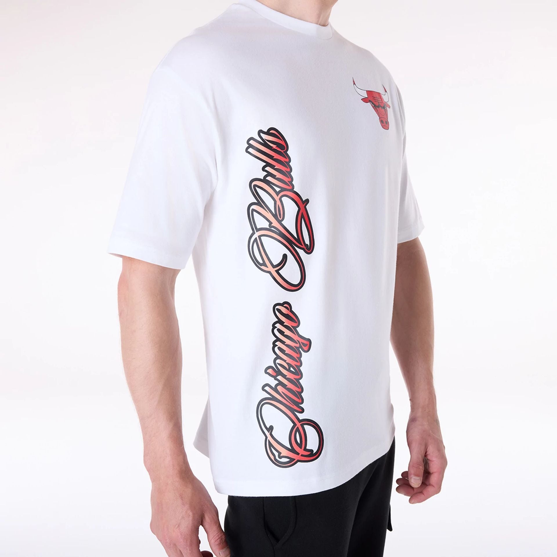 The Male model is wearing Chicago Bulls NBA Font Graphic White T-Shirt 3