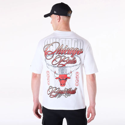 The Male model is wearing Chicago Bulls NBA Font Graphic White T-Shirt 2