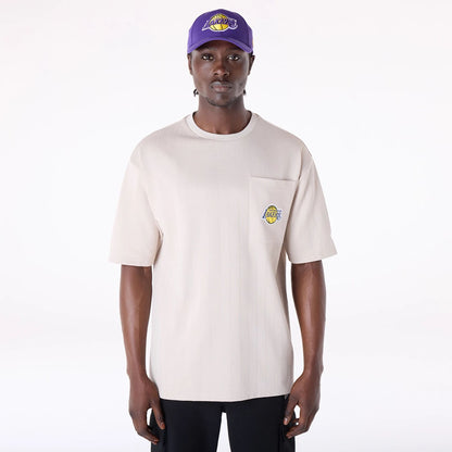 The Male model is wearing LA Lakers NBA Pinstripe Cream Oversized T-Shirt 1